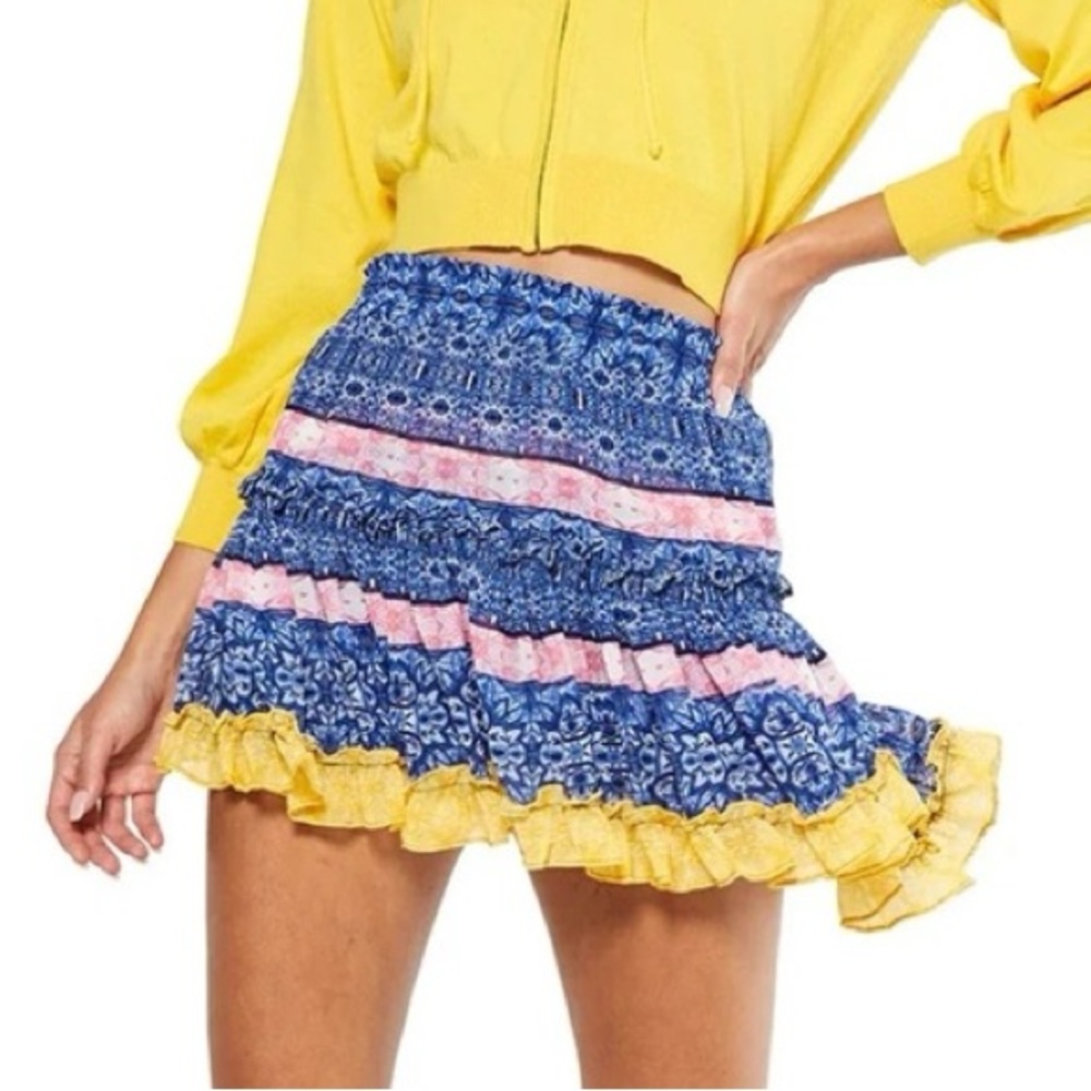 Misa Los Angeles Blue Pink Yellow Ruffled Mini Skirt